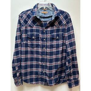 Jach’s girlfriend BEA women’s blue flannel snap button up shirt size L #28-0731